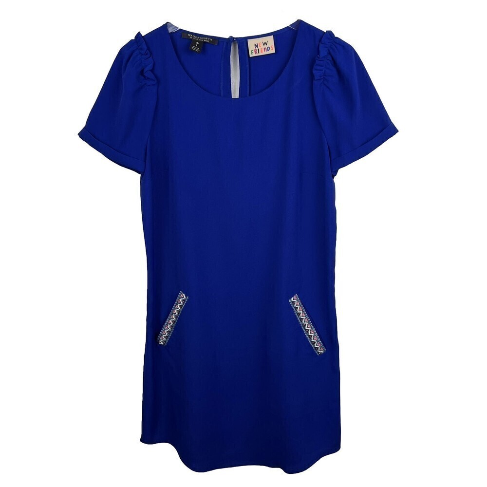 Maison Scotch Dress S Womens Blue Shift Short Sleeves Pockets Polyester Mini